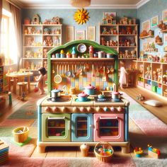 a child's play kitchen with lots of toys