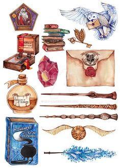 watercolor and ink drawings of harry potter's hogwarts items, including an owl