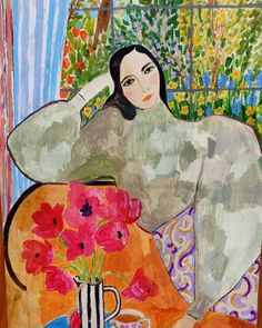 a painting of a woman sitting on a chair with flowers