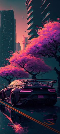 a futuristic car is driving down the road in front of some trees with pink flowers