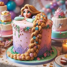 there is a cake decorated like a princess with braids on it