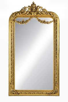 an ornate gold framed mirror against a white background with the reflection of it's own image