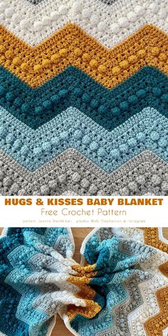 a crocheted baby blanket with the words hugs and kisses baby blanket on it