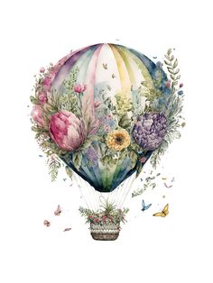 a watercolor painting of a hot air balloon with flowers on it