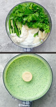 two pictures showing the process of making broccoli and cucumber soup in a food processor