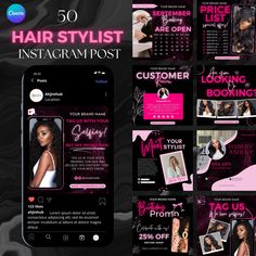 Hairstylist IG Post, Hair stylist Instagram Template, 50 Hair Salon Branding Kit, Luxury Hair Social Media Post Hair Beauty Canva Templates ⭐️ WELCOME TO AHJIN HUB ⭐️ We are your source and destination of all things template ideas. Enhance your Instagram content and showcase your services and products effortlessly with our collection of 50 fully customizable unique templates! Designed with a chic pink and black color palette, these templates are perfect for, hairstylists, salons, beauty bloggers Ig Introduction Post, Instagram Post Ideas For Hairstylist, Hair Social Media Posts, Hair Advertising Ideas Social Media, Hair Posts For Instagram, Luxury Instagram Post, Hair Social Media, Hair Salon Branding, Hair Template