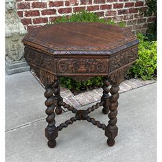 HIGHLY CARVED Late 19th Century Antique French Oak Octagonal  BARLEY TWIST Entry, Hall, Sofa, Center, Parlor or End Table ~~Victorian Era Renaissance Revival ~~c. 1890s  These versatile tables were very popular in late Victorian era French country homes and castles~~~characterized by elaborate Renaissance Revival carvings ~~this table is extra special with often requested barley twist legs and "X" stretcher~~high quality table often used as hall or entry table, center or parlor table, end table, French Country Homes, Hall Sofa, Classic Home Furniture, Parlor Table, Window Table, Fireside Chairs, Entry Tables, Barley Twist, Oak Table