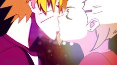 two anime characters kissing each other in front of an orange and pink background with the words naruta written on it