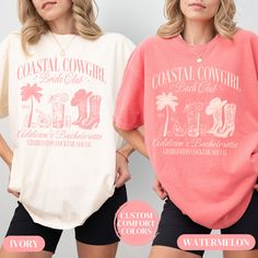 two women wearing coral and white t - shirts with the words coastal cowgirl on them