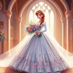 the princess in her wedding dress is holding a bouquet and looking at the camera while standing in front of an archway