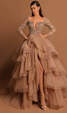 Tarik Ediz 98541 - Beaded Tiered Skirt Gown Gold And White Dresses For Women, Blue And Champagne Dress, Couture, Wedding Dress With Textured Skirt, Princess Style Gown, Wedding Guest Ball Gown, Tarik Ediz Wedding, Versailles Ball Gown, Tulle Couture Dress