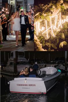 the bride and groom are riding in a speedboat with sparklers on their head