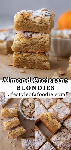 almond croissant blondies are stacked on top of each other and ready to be eaten