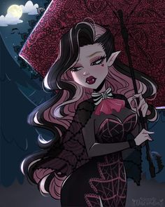 a drawing of a woman with long hair holding an umbrella in front of a night sky