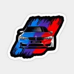 a blue and red car sticker sitting on top of a white wall