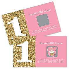 two pink and gold glitter business cards with the number one on each card, which reads scratch - off game