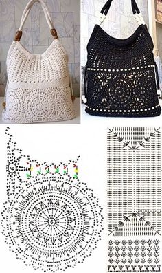 crocheted purses and handbags are shown in three different styles, including one with