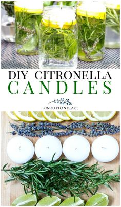 diy citronella candles with lemons and rosemary on the side, surrounded by herbs