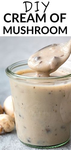 a spoon full of homemade cream of mushroom soup