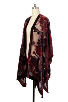 Kimonos, Irish Fisherman Sweater, Look Kimono, Goth Hippie, Velvet Kimono, Velvet Burnout, Embroidered Kimono, Casual Kimono, Rich Burgundy