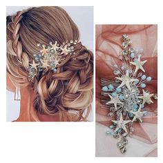 two pictures of different styles of hair combs with stars and flowers on them, one is