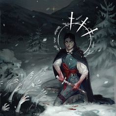 a painting of a man holding a knife in the snow with blood all over his body