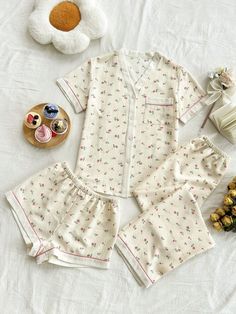 Apricot Cute Collar   Plants,All Over Print Pant Sets Embellished Non-Stretch Summer Women Sleep & Lounge Aesthetic Pajama Set, Cute Summer Pjs, Cute Pajama Outfits, Christmas Pjs Women, Summer Pjs, Cute Pajama, Comfy Pjs, Print Pant, Cute Pjs