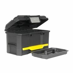 a black and yellow tool box with its lid open