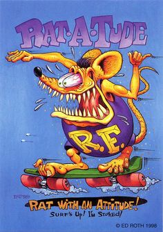 a cartoon rat on a skateboard with its mouth open