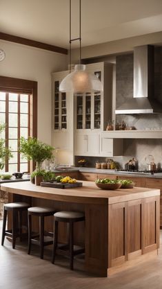 a large kitchen with an island in the middle