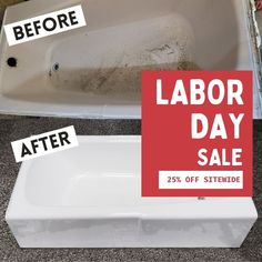 a bathtub that has been cleaned and labeled labor day sale