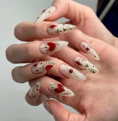 Red Nail, Gold Goth Nails, Edgy Wedding Nails, Funky Almond Nails, Red Floral Nails, Party Vibes, Nail Forms, Fake Nail, 20th Birthday