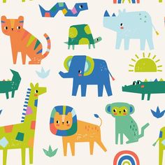 an animal themed wallpaper with many different types of animals and shapes on white background