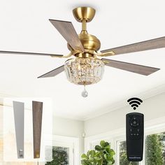 a living room with a ceiling fan and remote control