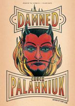 the cover to damned by eric palahnuk, featuring an evil demon