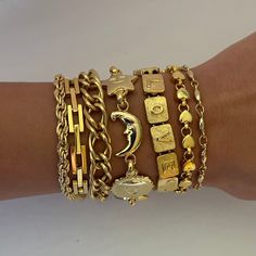 Deadstock gold-plated bracelet. Jewelry Stack Inspiration, Cute Bracelet Stacks With Apple Watch, Chuncky Gold Jewelry, Chunky Gold Jewelry Vintage, Gold Jewelry Bracelet Stack, Chunky Bracelet Stack, Y2k Gold Jewelry, Gold Jewelry Stacks, Chunky Gold Jewelry Aesthetic