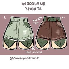 two different shorts with the words woodland shorts on them and an image of leaf pockets