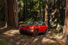 a red jeep is parked in the woods