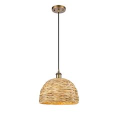 a light fixture with a woven shade hanging from it's side on a white background