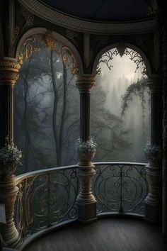 a balcony with an open window and railings in the foggy forest at night