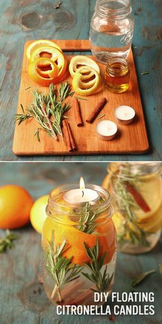 two pictures showing how to make diy floating citronella candles with lemons and rosemary