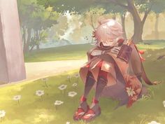 an anime character sitting in the grass