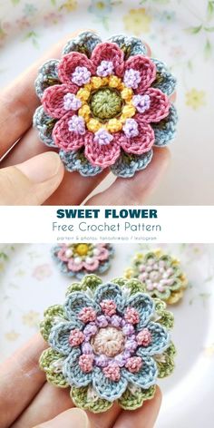 crochet flower brooch pattern is shown in two different colors and the text, sweet flower free crochet pattern