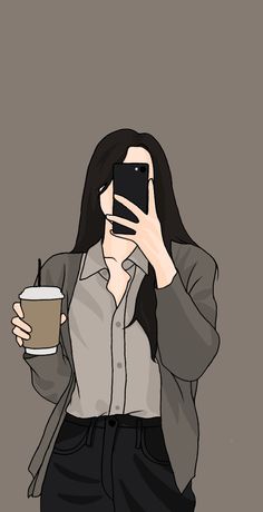 a woman taking a selfie with her cell phone and holding a cup of coffee