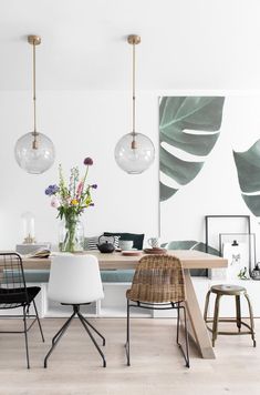 a dining room table with chairs and plants in vases on the wall behind it