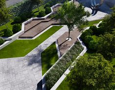 an artist's rendering of a park with benches, trees and water features in the background