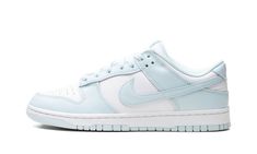 The Nike Dunk Low “Glacier Blue” is a colorway of the retro basketball shoe with light blue features.  The upper features a white leather base with Glacier Blue leather overlays and Swoosh branding.  A white “Nike” logo is embroidered on the heel, while “Nike” and Swoosh logos are printed on the tongue tag.  Finishing details include a white rubber midsole and a Glacier Blue rubber outsole.  Release date: May 16, 2024 Nike Dunks List, Shoes Dunks Low, Nike Dunks Baby Blue, Nike Dunks Light Blue, Light Blue Air Force 1, Nike Women’s Tennis Shoes, Womens Low Dunks, Light Blue Nike Dunks, Light Blue Dunks Outfit