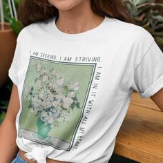 This shirt is perfect for fans of Vincent Van Gogh's paintings or those who love any of his inspiring quotes. A great gift for those who appreciate art. *This shirt is printed in the United States* *Made from 100% airline combed and ring-spun cotton* Our shirts are unisex. Please refer to the size chart in the picture for sizing. For a slimmer fit it is recommended to order a size down.  We print our t-shirts as customers order them so shipping times may vary.   For t-shirt care, we recommend wa Vincent Van Gogh Shirt, Thrift Manifest, Lounge Vibes, Art Tshirt Design, Fair Folk, Aesthetic Wardrobe, Van Gogh Quotes, Vincent Van Gogh Paintings, Art Shirt