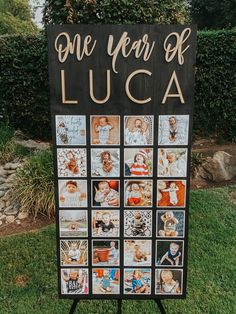 a one year of luga sign with pictures on it in front of some bushes