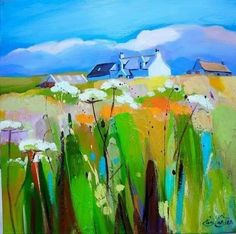 an oil painting of flowers and houses in the distance with blue sky behind it,